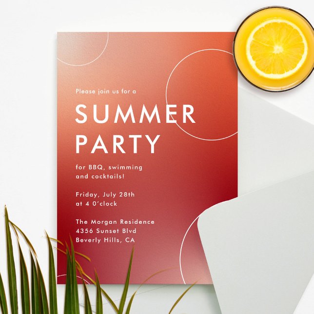 Simple Modern Summer Cocktail Party (Röd) Inbjudningar (A modern and simple summer party invitation for adults in an orange and red gradient.)