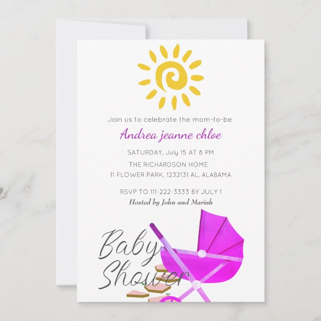 Simple Modern Sunshine rosa barnvagn Baby Shower Inbjudningar (Framsida)