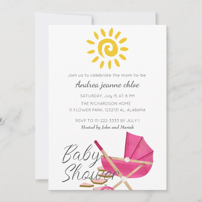 Simple Modern Sunshine rosa barnvagn Baby Shower Inbjudningar (Framsida)