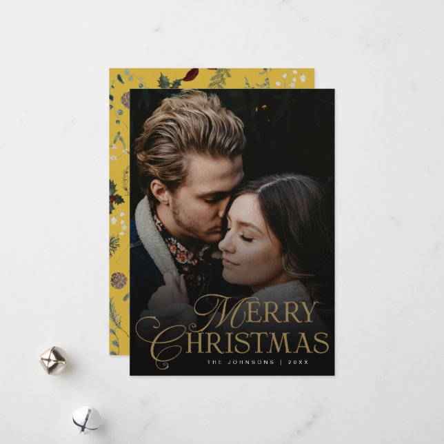 Simple Modern Typography 1 Photo Gold Christmas Julkort (Fram/Back In Situ)