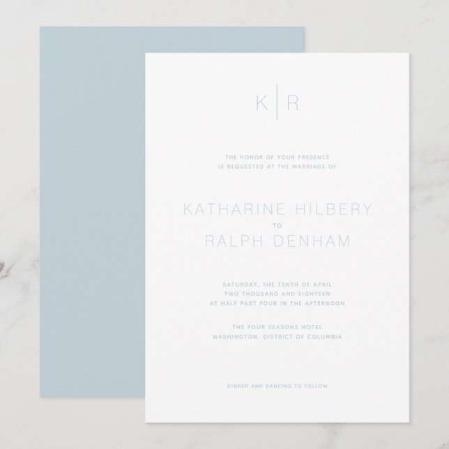 Simple Modern White Dusty Blue Wedding bjudande Inbjudningar (Fram/baksida)