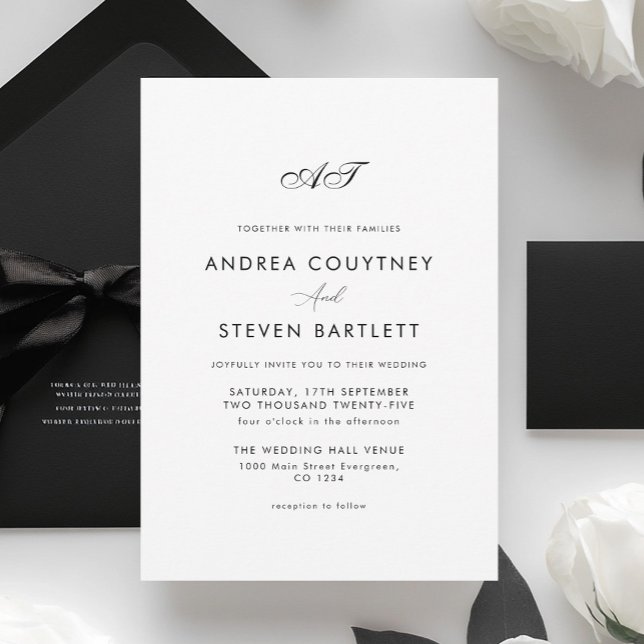 Simple Monogram Black and White Wedding Inbjudningar (Skapare uppladdad)