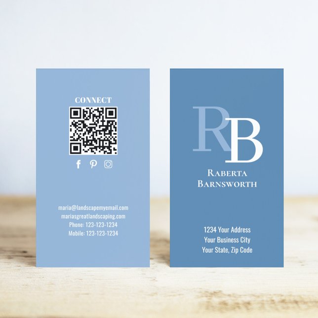 Simple Monogram QR Code Blue | Connect with Me Visitkort (Blue monogram business card template with a scannable QR code.)