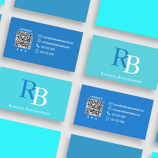 Simple Monogram QR Code Blue | Connect with Me Visitkort (Blue and turquoise monogram business card.)
