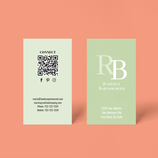 Simple Monogram QR Code Green | Connect with Me Visitkort (Green business cards with monogram and QR code template.)
