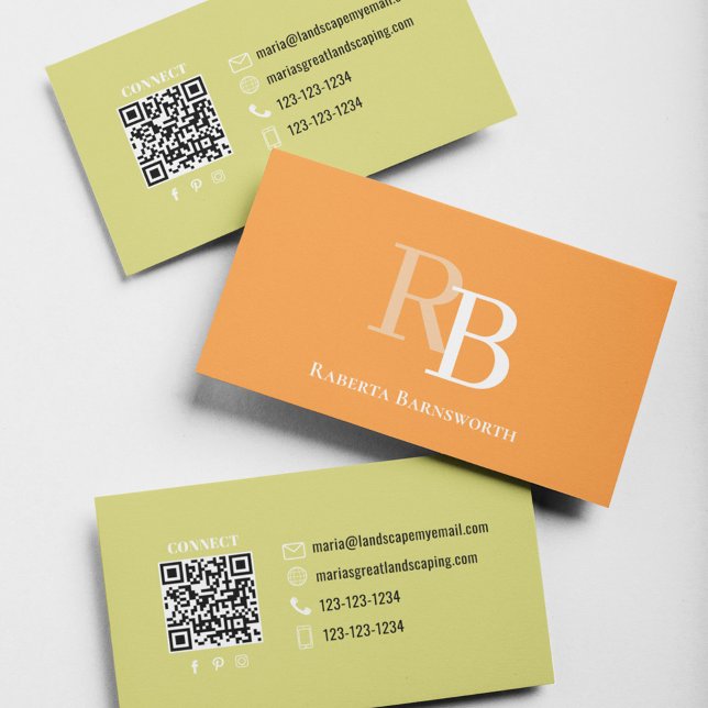 Simple Monogram QR Code Orange | Connect with Me Visitkort (Orange and yellow gold two toned business card.)
