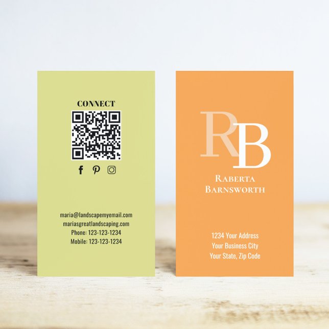 Simple Monogram QR Code Orange | Connect with Me Visitkort (Orange and yellow monogram business card.)