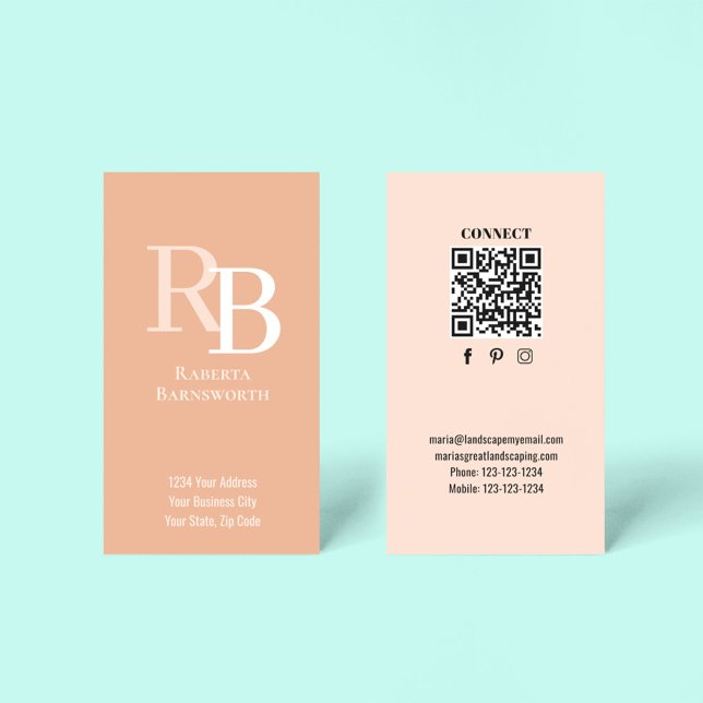 Simple Monogram QR Code Peach | Connect with Me Visitkort (Peach monogram business card template with a scannable QR code.)