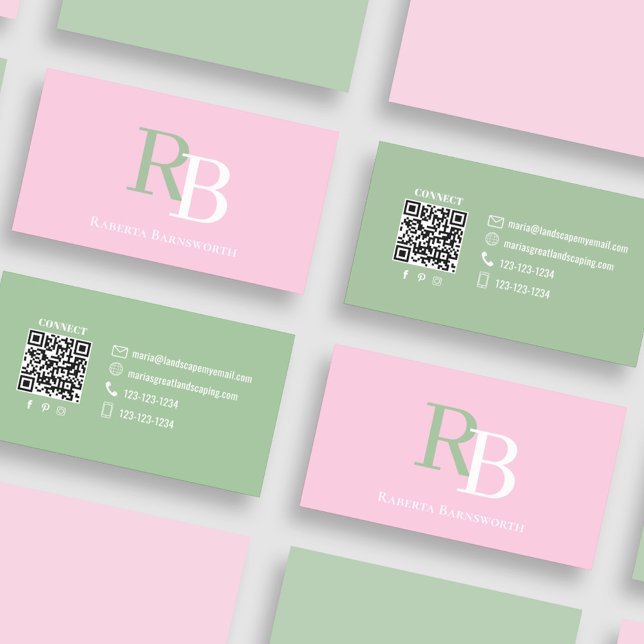 Simple Monogram QR Code Pink | Connect with Me Visitkort (Pink and green business card with simple monogram and QR code.)
