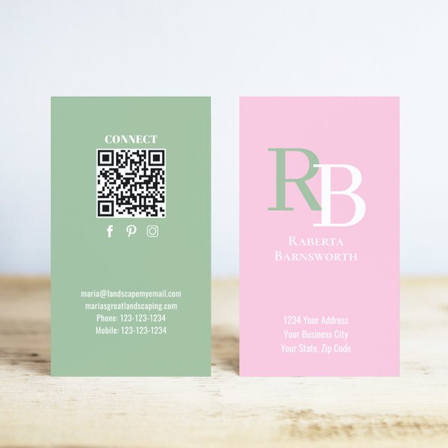 Simple Monogram QR Code Pink | Connect with Me Visitkort (Pink and green monogram business card template.)