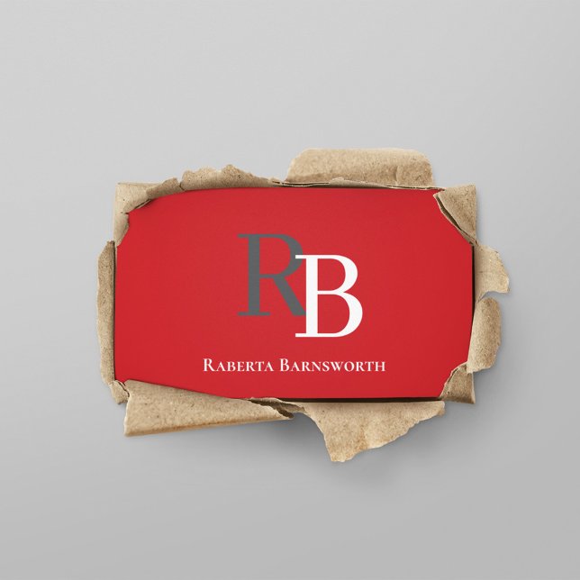 Simple Monogram QR Code Red | Connect with Me Visitkort (Red and grey business card with simple monogram.)