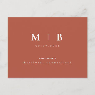 Simple Monogram Terra Cotta Bröllop spara datum Meddelande Vykort