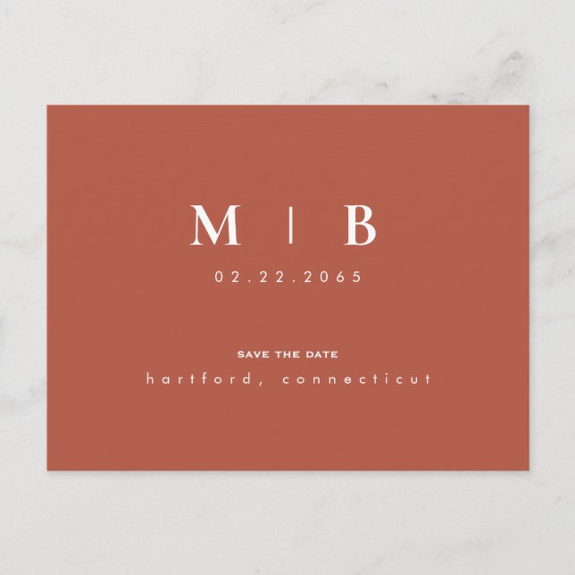 Simple Monogram Terra Cotta Bröllop spara datum Meddelande Vykort (Framsida)