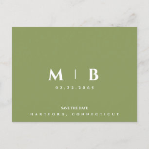Simple Moss Grönt Monogram Bröllop spara datum Vykort