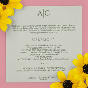 Simple Moss & Sage Grönt Monogram Bröllop Ceremony Program
