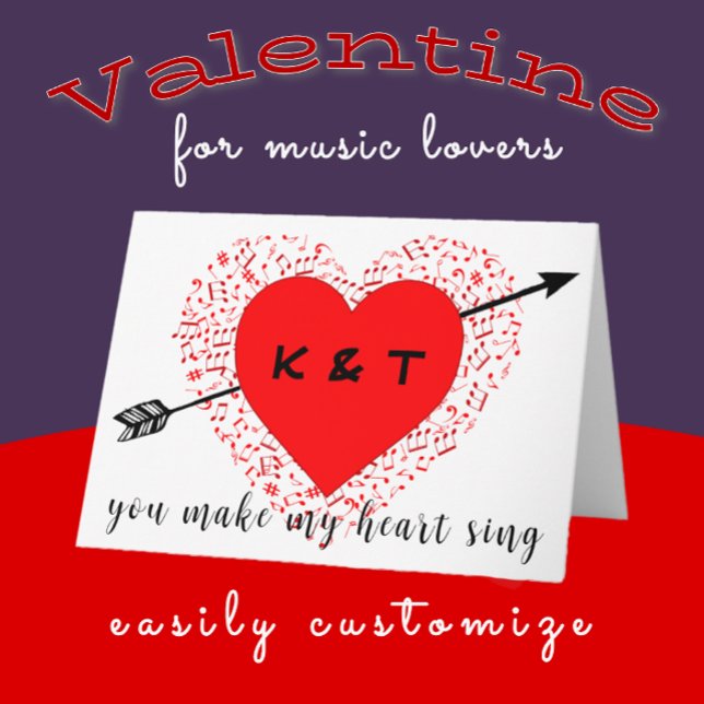 Simple Music Theme Black and Red Valentine Day Kort (Music lovers Happy Valentine's Day )