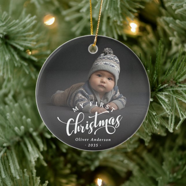 Simple My First Christmas Calligraphy Script Photo Julgransprydnad Keramik (Träd)