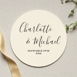 Simple Natural White Script Minimalist Wedding Runt Klistermärke<br><div class="desc">Make your special day even more memorable with these customized Simple Natural White Script Minimalist Wedding Classic Round Stickers featuring the names of the bride and groom and your wedding date. Add a touch of elegance and personalization to your wedding favors,  invitations,  or decorations with these beautiful stickers!</div>