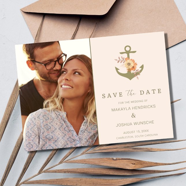 Simple Nautical Boho Blommigt Bröllop spara datum Inbjudningar (Boho Nautical Photo Beach Wedding Save the Date)