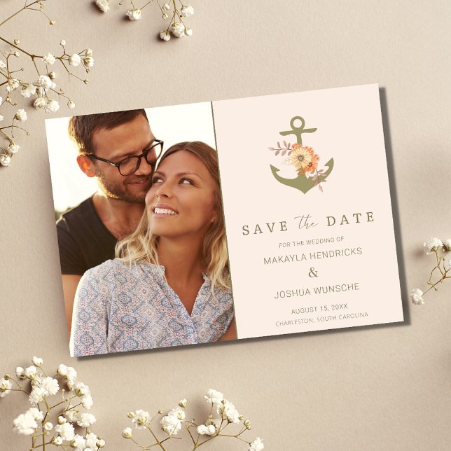 Simple Nautical Boho Blommigt Bröllop spara datum Meddelande Vykort (Boho Nautical Anchor Photo Wedding Save the Date Postcards)