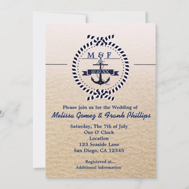 Simple Nautical Sandy Beach Wedding bjudande Inbjudningar (Framsida)