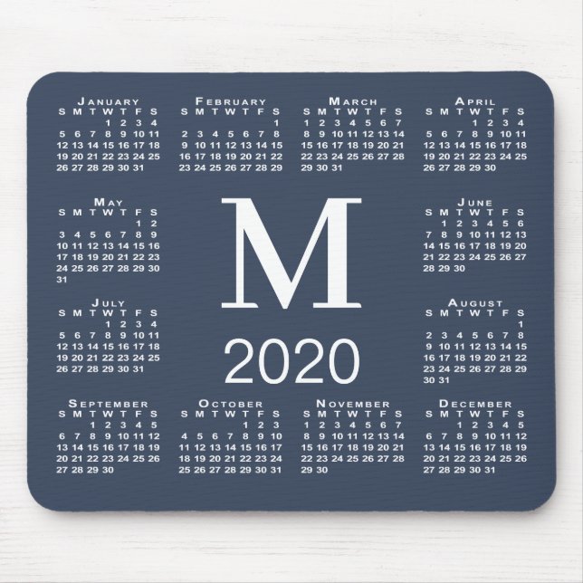 Simple Navy Blue and White Monogram 2020 Calendar Musmatta (Framsidan)