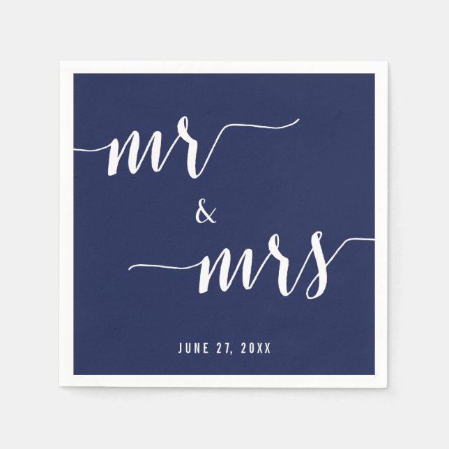 Simple Navy Blue Mr. och Mrs Bröllop Napkins Pappersservett (Framsidan)