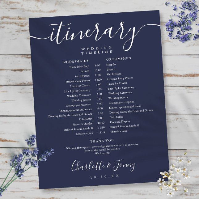 Simple Navy Blue Script Schedule Bröllop Intervary (Skapare uppladdad)
