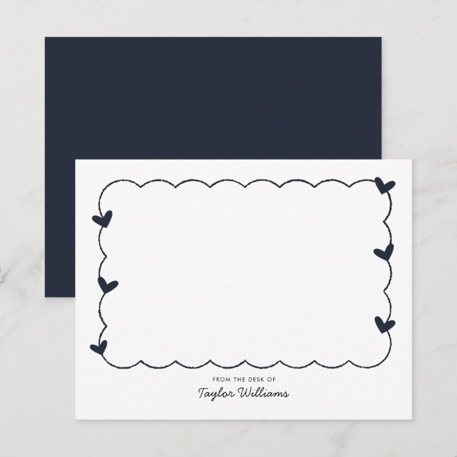 Simple Navy Blue Wavy Border Heart Stationery Anteckningskort (Fram/baksida)