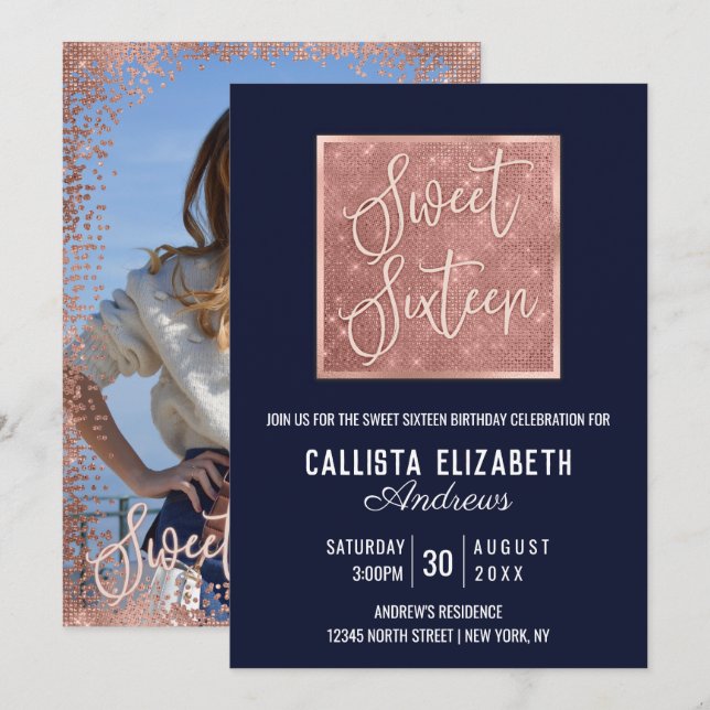 Simple Navy Ro Guld Glitter Geo Photo Sweet 16 Inbjudningar (Fram/baksida)