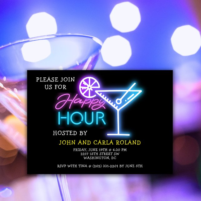 Simple Neon Martini Lycklig Hour Inbjudan (Skapare uppladdad)