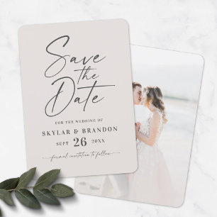 Simple Off-White with Script and Photo Wedding Spara Datumet
