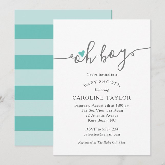 Simple Oh Boy Teal Baby Shower Inbjudningar (Fram/baksida)