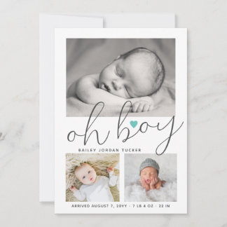 Simple Oh Boy Teal Heart Collage Photo Birth Meddelande