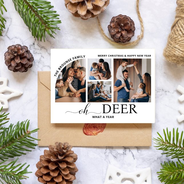 Simple Oh Hjort What a Year Photo Collage jul Kort (oh deer what a year christmas cards photo collage modern reindeer humor)