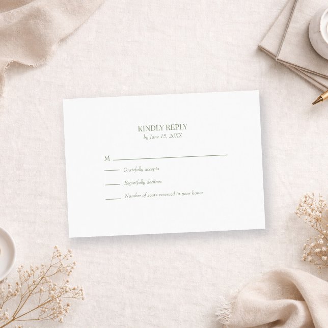 Simple Olive Green Custom Photo Wedding RSVP Card OSA Kort (Simple Olive Green Custom Photo Wedding RSVP Card on a boho table with dry tiny flowers)