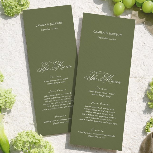 Simple Olive Green Wedding Menu Card Inbjudningar (Skapare uppladdad)