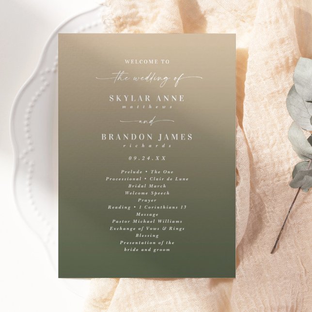 Simple Ombre Mörk grönt & Guld Bröllop Ceremony Program (Skapare uppladdad)