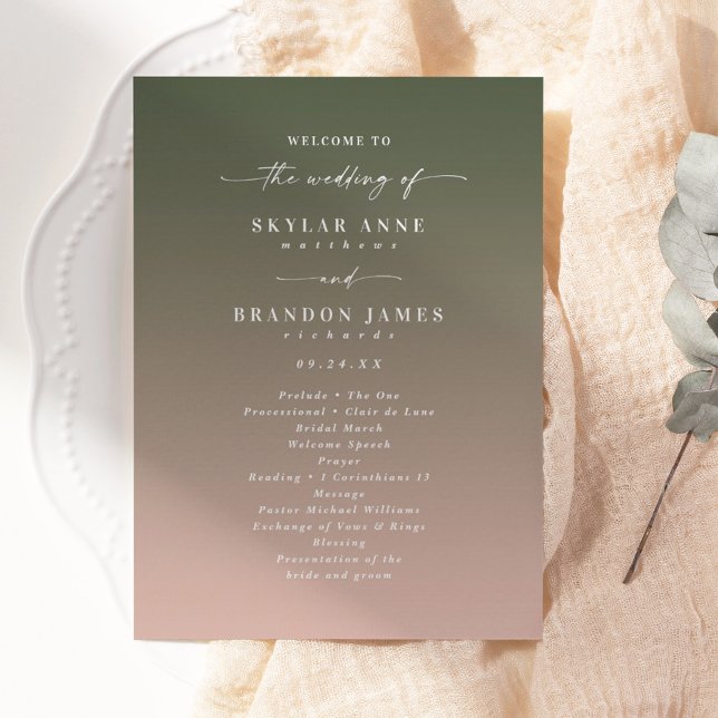 Simple Ombre Mörk grönt & Rosa Bröllop Ceremony Program (Skapare uppladdad)