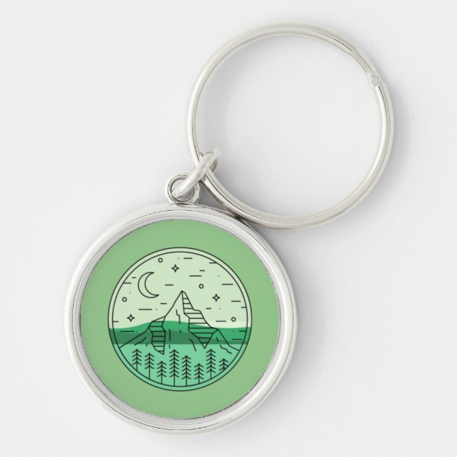 Simple Outdoor - Green Forest Camping Keychain Rund Silverfärgad Nyckelring (Framsidan)