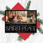 Simple Peace Photo Black Red Julkort<br><div class="desc">Dessa enkla fotohälsningskort i helgdag har hälsning,  "som önskar dig ett God jul och ett Gott nytt år",  tillsammans med hälsning,  "Fredsprit",  i stort elfenben och rött brev på en svart bakgrund med platshållare för att lägga till två av dina favoritfoton,  namn och året om.</div>