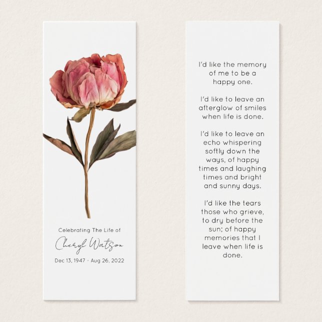 Simple Peony Funeral Memorial Bookmark Litet Visitkort (Framsida & baksida)