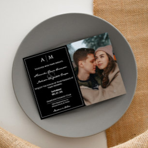 Simple Photo and Monogram Black Bröllop Inbjudningar