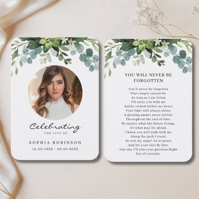 Simple Photo Blommigt Funeral Memorial Prayer Card Visitkort (Skapare uppladdad)