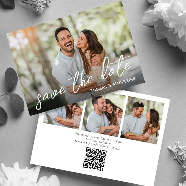 Simple Photo Collage Bröllop Spara Datumet (Simple wedding save the date photo card with a scannable QR code. )