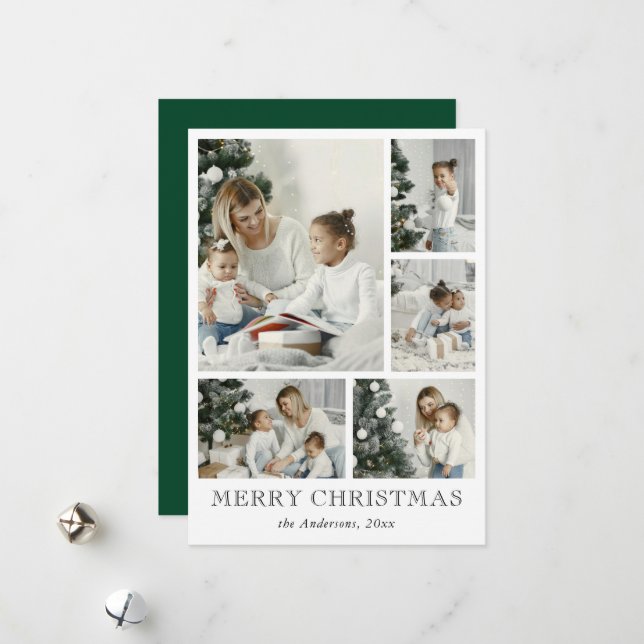Simple Photo Collage Green Christmas Holiday Card Julkort (Fram/Back In Situ)