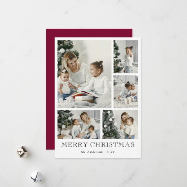 Simple Photo Collage Red Christmas Holiday Card Julkort (Fram/Back In Situ)