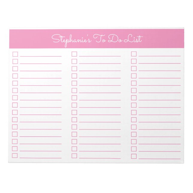 Simple Pink 8.5x11 Three Column Checklist Anteckningsblock (Framsida)