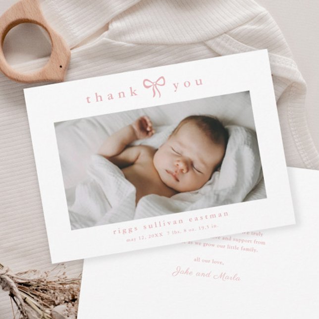Simple Pink Bow Girl Baby Photo Tack Kort (Simple pink bow girls photo baby thank you cards.)