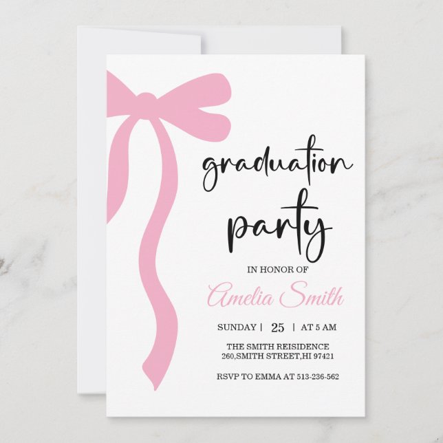 Simple  Pink  Bow graduation party invitation Inbjudningar (Framsida)